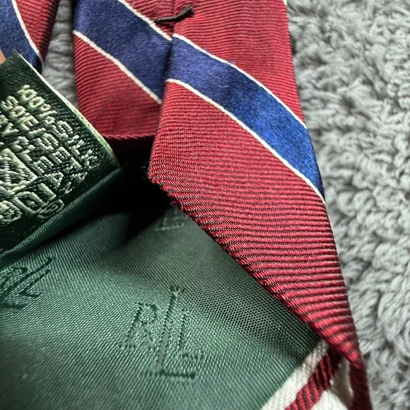 Lauren Ralph Lauren Men's Silk Tie Red Blue White Striped Hand Made NWT - Picture 3 of 5